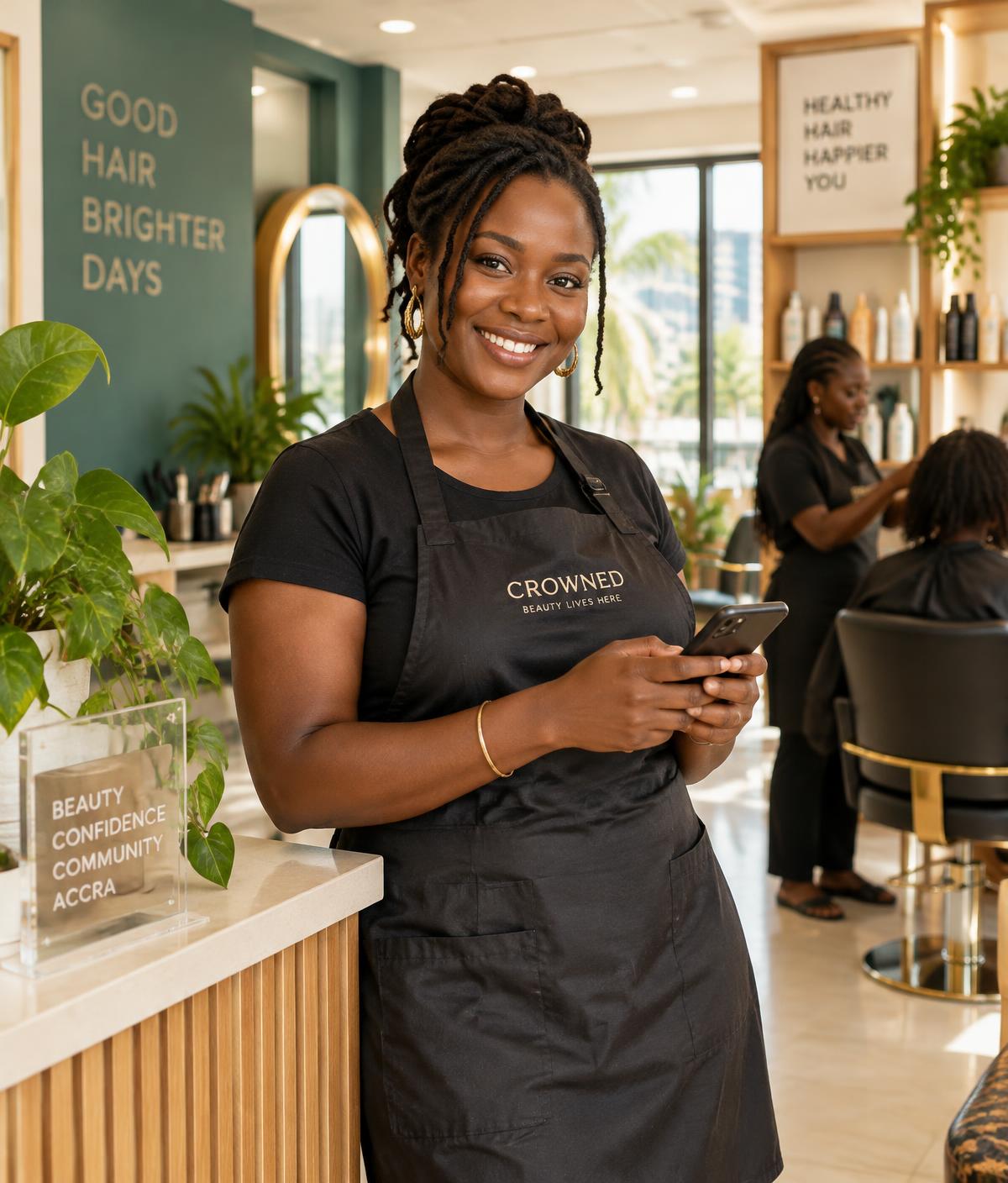 Salon owner in Accra checking bookings on her phone